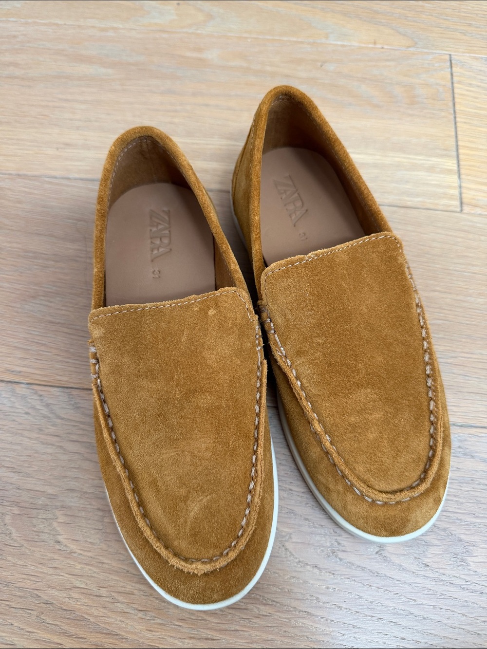 Zara Boys Suede Slip-On Loafers in Mustard Brown